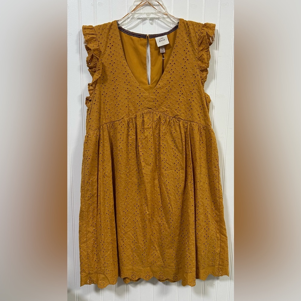 NWT Knox Rose Eyelet Baby Doll Dress M Gold Yellow Ruffle Flutter Sleeve
